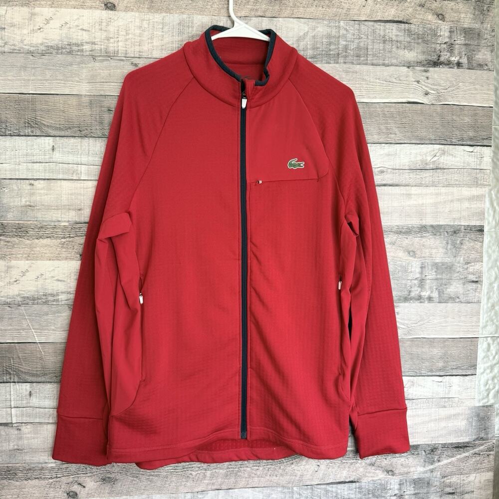 Lacoste Sport Men’s Red Full Zip Track Jacket Mock Neck Croc Logo Size Medium